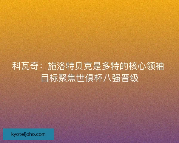 科瓦奇：施洛特贝克是多特的核心领袖 目标聚焦世俱杯八强晋级